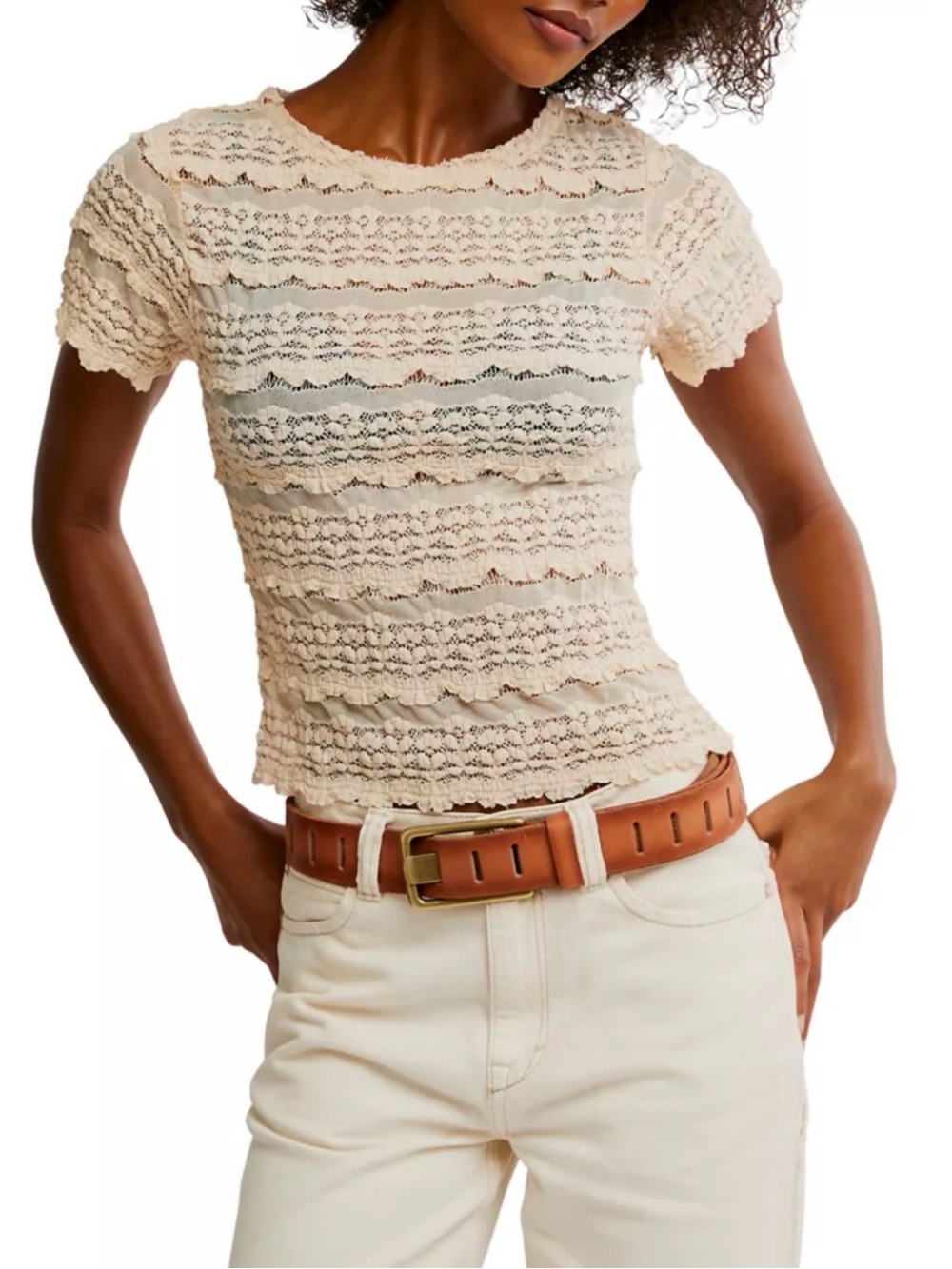 Free People Stretchy Ruffle Short Sleeve Top in Cream